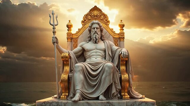Statue of bearded figure on throne by sea