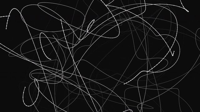 Animated abstract scribble line background featuring dynamic motion trails, flowing light paths, and energetic chaotic patterns. Ideal for motion graphics, artistic visuals, digital displays.