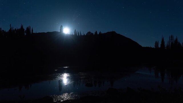 Moon setting behind a treeline reflected in a still mountain lake at night, Beartooth Mountains, Montana, time lapse