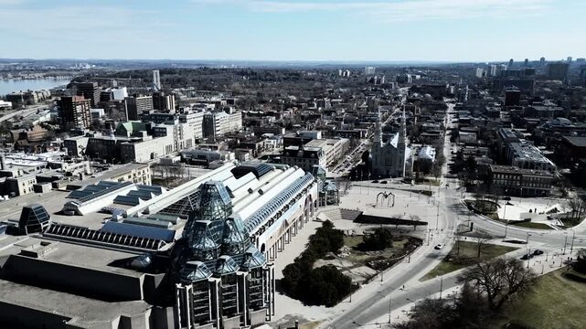 7th of September 2025 drone flight above the National Gallery of Canada, Maman spider sculpture and Notre Dame Cathedral Basilica in Ottawa Canada. g.