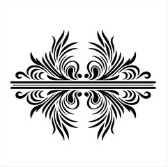 Fototapeta premium Black-and-white vector silhouette of a symmetrical feather-like ornamental divider, elegant decorative motif
