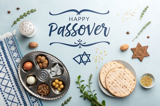Happy Passover Seder Table With Seder Plate, Matzah, Eggs and Traditional Jewish Symbols

