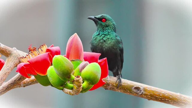 Asian Glossy Starling Feeding on Red Silk Cotton Flower and Wild Bunting Birds in Agricultural Field