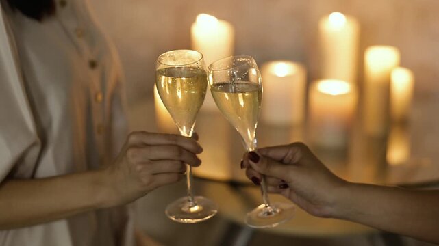 キャンドルの前でシャンパンで乾杯する女性2人