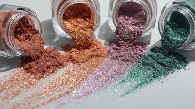 Four jars pouring out shimmery, colorful powders in bronze, copper, purple, and teal shades on a white surface.