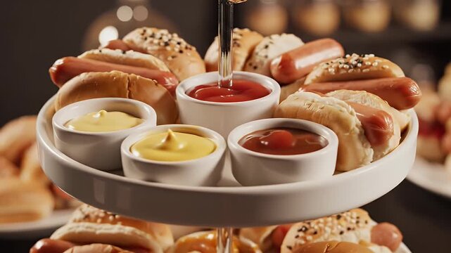 Delicious Mini Hot Dog Bites Appetizers with Ketchup and Mustard Dips Served on a Tiered Tray Motion Graphic Background Ideal for Food Commercials and Celebrations