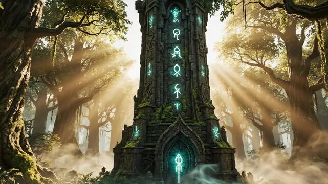 Ancient Magical Stone Tower with Glowing Runes in Lush Forest