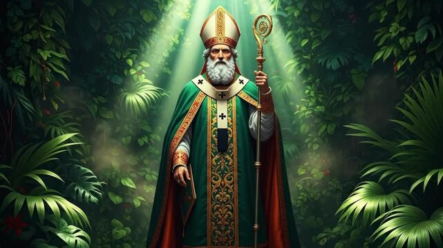 Man depicting saint Patrick in lush green environment holding pastoral staff. Religious figure for Saint Patricks Day celebration card.
