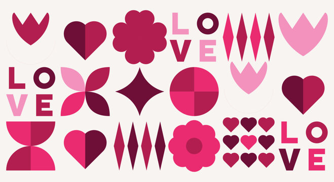 Pink and red heart shapes and geometric flower icons with love text on light background for romantic valantine day graphic design