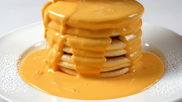 Delicious Stack of Fluffy Pancakes Drizzled with Creamy Orange Sauce on White Plate Seamless Loop Background Clean Studio Lighting