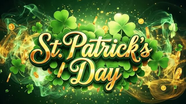 St Patrick's Day 3D lettering with shamrocks and gold coins. Celebration background for a holiday greeting card. Creative seasonal design.