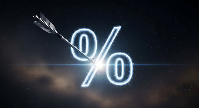 arrow hitting percentage symbol symbolizing financial target achievement interest rate success or business goal precision.