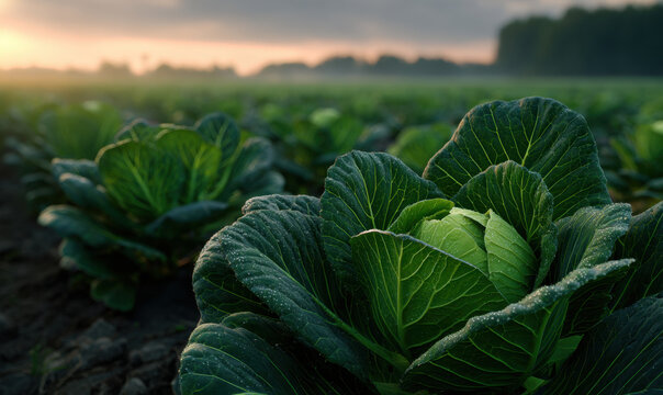 Green cauliflower field at sunrise with dew on cabbage leaves, close up of vegetable rows and rural landscape evoking freshness and morning light