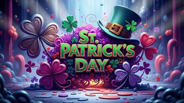 St. Patricks Day text with green top hat and vibrant shamrocks. Festive celebration for holiday greeting card design.
