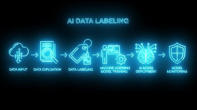 Infographic illustrating the AI data labeling process with glowing blue icons and text on a black background.
