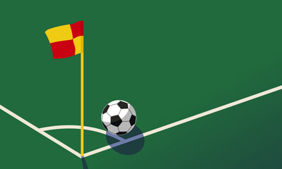 A corner flag and a soccer ball on a soccer field. Perfect for a soccer match poster design. © nendrawahyu