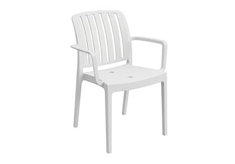 Fototapeta premium Modern white plastic chair with armrests and intricate back design isolated on transparent background