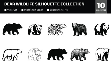 bear wildlife silhouette collection featuring panda brown bear geometric ornamental line art and halftone styles forest animal vector icon set isolated background © SunilKumar