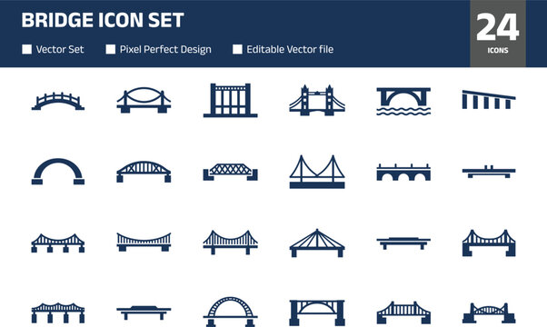 Collection of bridge icons and silhouettes including arch, suspension and railway bridges, infrastructure vector symbol set for transportation, architecture and urban design projects