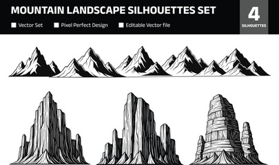 Mountain landscape illustration set featuring rocky peaks alpine ranges canyon cliffs and desert rock formations isolated monochrome collection for nature geography adventure design © SunilKumar
