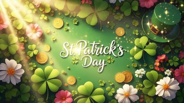 St. Patricks Day design with clovers, gold coins, and a leprechaun hat. Festive background for Irish celebration, holiday poster.
