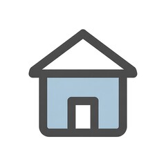 Fototapeta premium Simple house illustration, featuring a blue facade, a grey roof, and a visible doorway, set against a plain white background