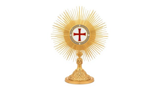 Golden Christian monstrance with red cross on white background