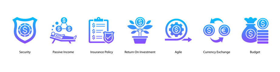 Investment and Security web banner vector illustration featuring Security, Passive Income, Insurance Policy, Return On Investment, Agile, Currency Exchange, and Budget.