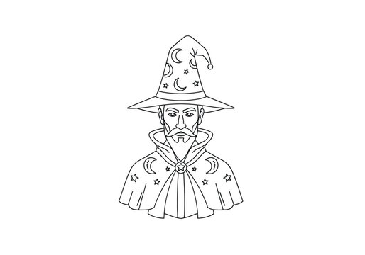 Wizard Character Line Art Illustration with Magic Hat and Beard, Fantasy Sorcerer Outline Vector