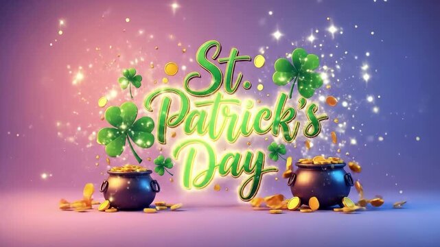 St. Patricks Day lettering with shamrocks and gold coins in pots for festive celebration and holiday greeting card