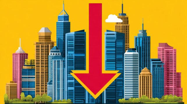 Urban skyline with red arrow indicating decline and economic downturn