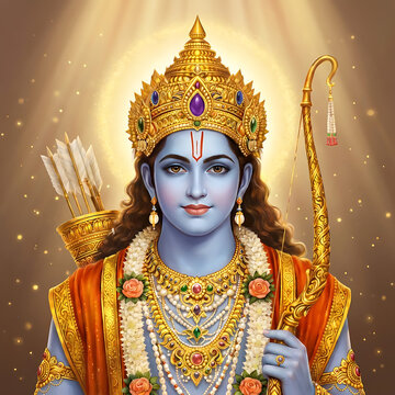 Close up of lord rama with blue complexion and traditional jewelry for rama puja ram navami and dussehra celebrated by devotees across the whole world