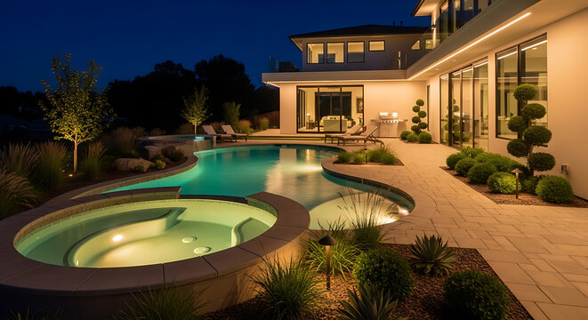 Luxury modern home exterior at night with illuminated swimming pool and spa.