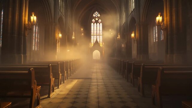 A serene church interior with rows of pews stretching towards a radiant stained glass window at the altar.