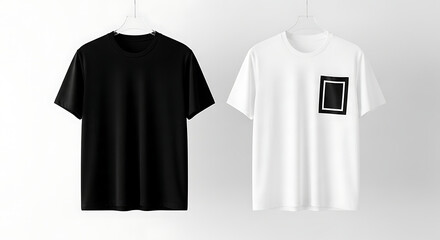 Naklejka premium black and white blank t-shirts one with a stylish square graphic hanging on hangers for apparel design and product mockups.
