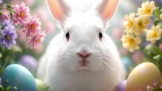 Closeup of a fluffy white rabbit surrounded by pastel easter eggs and soft floral petals creating a dreamy spring holiday background full of charm and warmth.