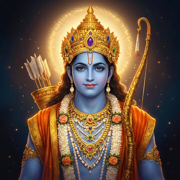 Beautiful portrait of lord rama with blue skin and golden crown for rama puja ram navami and dussehra festivals used for spiritual poster and greeting