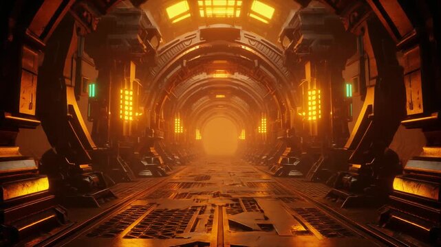 A futuristic corridor with metallic walls and glowing lights leads to a distant exit.