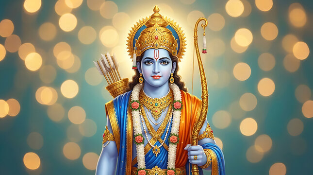 Beautiful lord rama with golden crown and bow for rama puja and ram navami backdrop designs celebrating the spiritual and festive spirit of indian dussehra