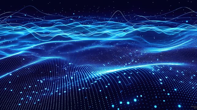 Abstract digital background with blue glow and glowing dots forming water surface waves, immersive tech data science design vector background