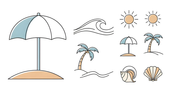 Flat Line Art Summer Beach Icons Set. Tropical Vacation Elements with Pastel Colors: Sun, Umbrella, Palm Trees, Waves, Seashell.