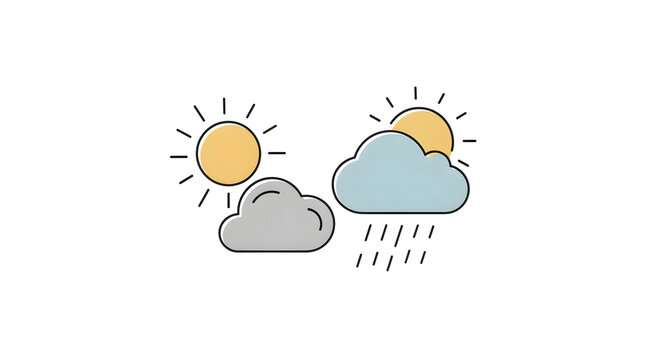 Weather forecast line icons: Sunny, cloudy, and rainy conditions with sun peeking through clouds