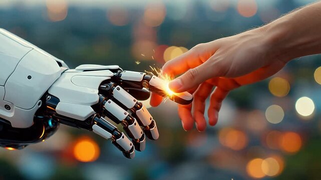 Human hand touching robotic hand