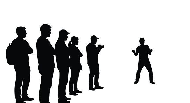 Diverse group of people observing a solitary figure in silhouette
