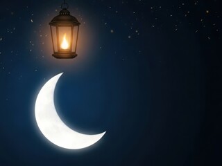 Naklejka premium Glowing lantern and crescent moon in a starry night sky