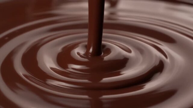 Chocolate liquid is pouring into a pool of melted chocolate creating ripples.