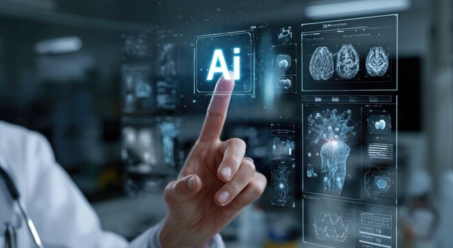 Person in lab coat uses futuristic AI medical scan interface