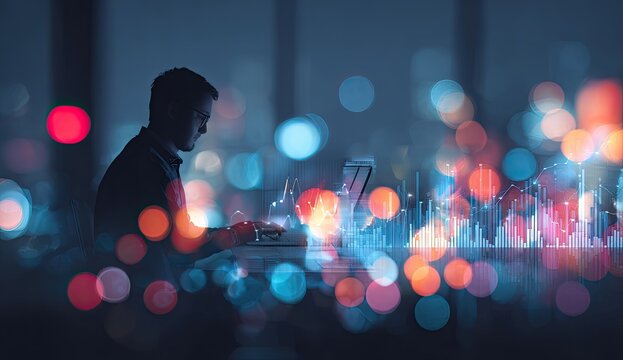 Silhouette of person working on laptop with glowing data visualization