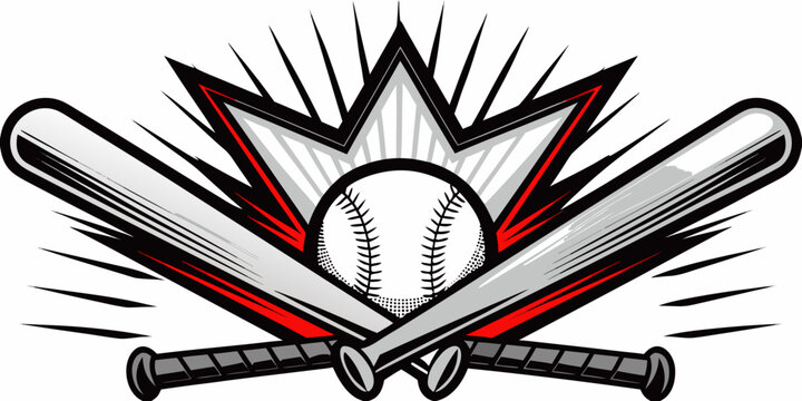 A dynamic illustration featuring crossed baseball bats and a baseball