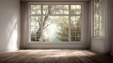 Fototapeta premium Empty room with large window natural light and wooden floor 3D render Stock Illustration